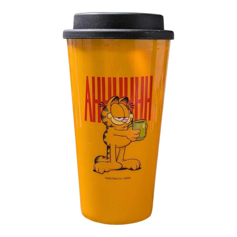 Orange Garfield Travel Cup With A Black Lid Featuring A Graphic Of Garfield